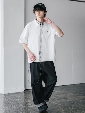 「U.S. POLO ASSN.（ユーエスポロアッスン）の新色追加 U.S. POLO ASSN. 別注コラボオーバーサイズワンポイントロゴ刺繍天竺半袖ハーフジップポロシャツ 無地/クレリック（ポロシャツ、ホワイト系）」を使った、Rocky Monroeさん（メンズ・172cm）の夏コーディネート