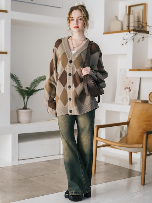 オーバーサイズ総柄Vネックボリュームニットカーディガン アーガイル柄 チェック柄