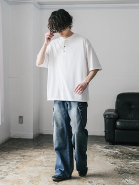 「Rocky Monroe（ロッキーモンロー）のAIR TEC+ 接触冷感・遮熱・UVカット 多機能ヘンリーネック半袖Tシャツ（Tシャツ/カットソー、ホワイト系）」を使った、Rocky Monroeさん（メンズ・172cm）の夏コーディネート