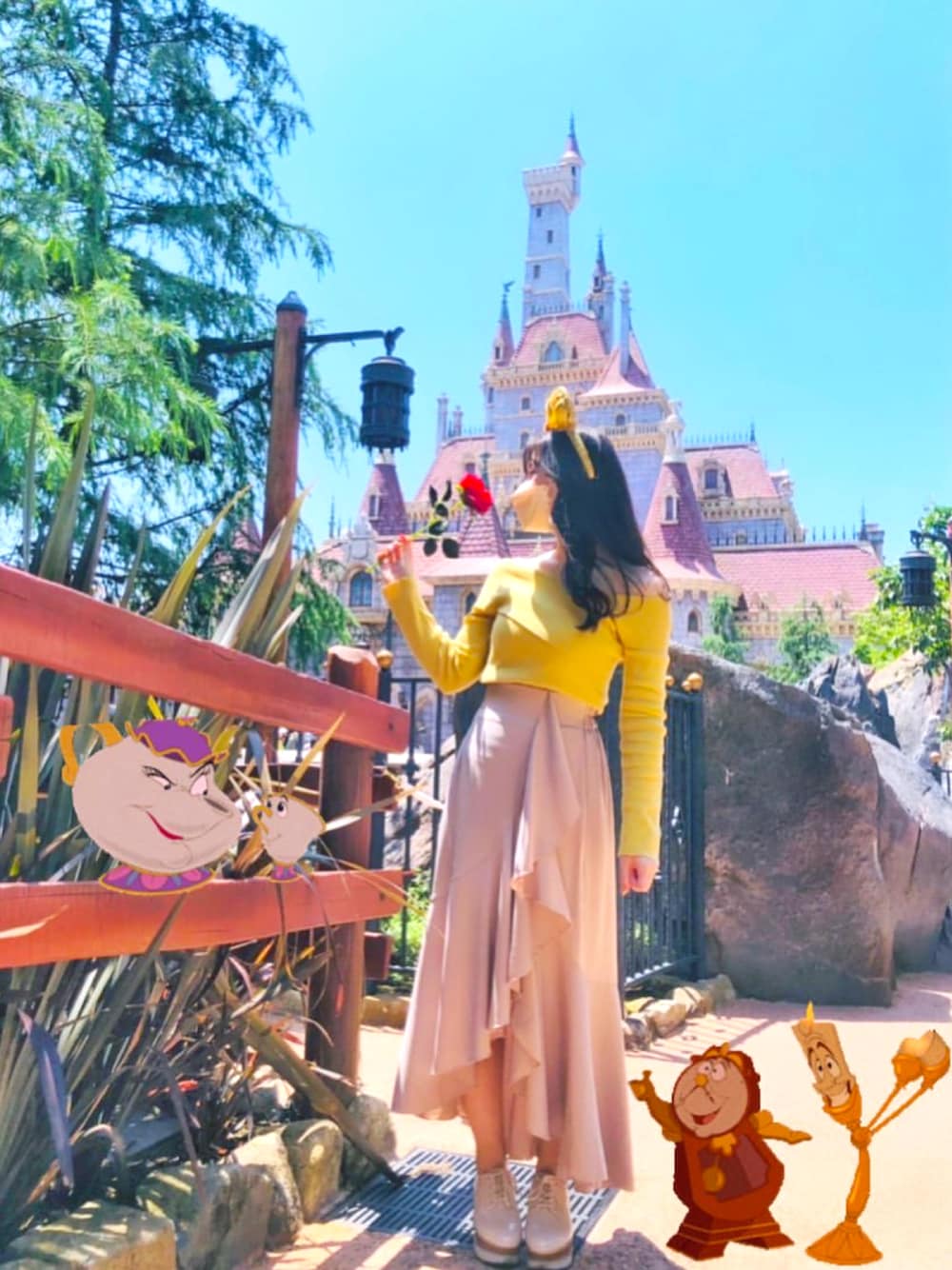 「ディズニーバウンド、ディズニーコーデ、ベルバウンド、ベルコーデ、美女と野獣コーデ、ディズニー、ディズニーランド、disney、春コーデ、イエローコーデ」｜「one after another NICE CLAUPのラインストーン厚底レースアップシューズ（その他シューズ、ホワイト系）」を使った、なぴさん（レディース・158cm）の春コーディネートの1枚目の写真