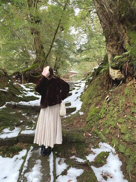 「BASEMENT online（ベースメントオンライン）のアイテム（スカート、ベージュ系）」を使った、mmmさん（レディース・155cm）の冬コーディネート