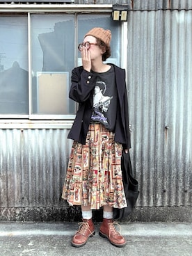 「RETRO GIRL（レトロガール）のダブルテーラージャケット（テーラードジャケット、ブラック系）」を使った、ぽん。さん（レディース・158cm）の秋コーディネート