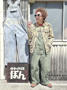 「Alpha Industries（アルファインダストリーズ）の【ユニセックス】ミリタリーワイドオーバーオール（サロペット/オーバーオール、グリーン系）」を使った、ぽん。さん（レディース・158cm）の春コーディネート