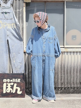 「soulberry（ソウルベリー）の店長のデニムなサロペット（デニムパンツ、ブルー系）」を使った、ぽん。さん（レディース・158cm）の春コーディネート