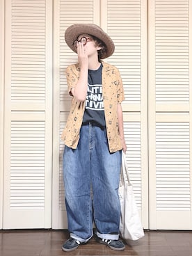 「FUNALIVE（ファンアライブ）のcotopone F/タックペグトップデニムパンツ（デニムパンツ、ブルー系）」を使った、ぽん。さん（レディース・158cm）の夏コーディネート