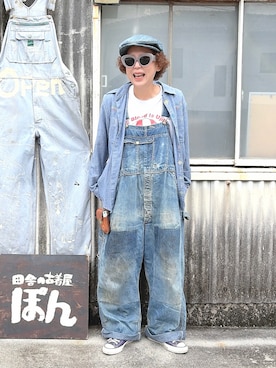 「古着のアイテム（シャツ/ブラウス、ブルー系）」を使った、ぽん。さん（レディース・158cm）の秋コーディネート