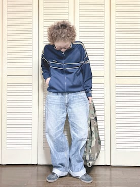 「adidas（アディダス）のアイテム（ジャージ、ブルー系）」を使った、ぽん。さん（レディース・158cm）の春コーディネート