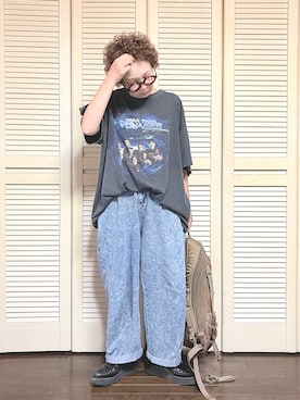 「MONO-MART（モノマート）のワイドテーパードバルーンデニムパンツ(10oz DENIM)（デニムパンツ、その他）」を使った、ぽん。さん（レディース・158cm）の夏コーディネート