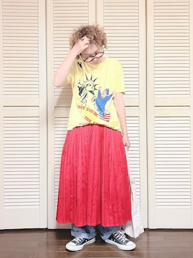 「lil nina（リルニーナ）のアイテム（スカート、レッド系）」を使った、ぽん。さん（レディース・158cm）の夏コーディネート