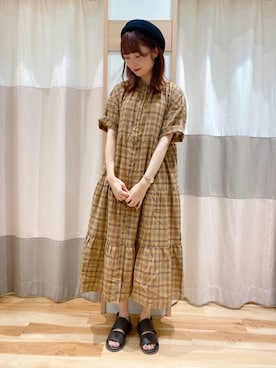 「チェックワンピース」｜「アイテム（ハンチング/ベレー帽）」を使った、kuma.さん（レディース・163cm）の夏コーディネート