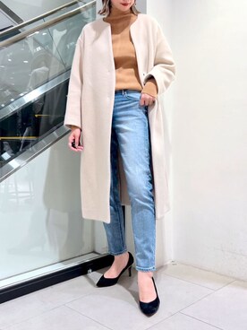 「リブニット」｜「アイテム（ノーカラーコート）」を使った、MAOさん（レディース・160cm）の秋コーディネート