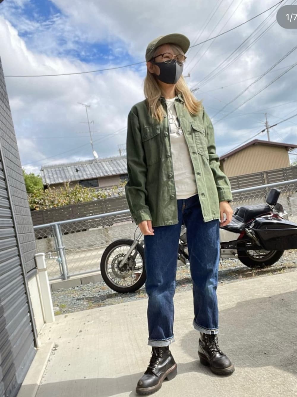 「アメカジ、アメカジコーデ、アメカジ女子部、アメカジスタイル」｜「THE H.W. DOG & CO. のアイテム（キャップ、グリーン系）」を使った、AyamiyakEさん（レディース・158cm）の秋コーディネートの1枚目の写真