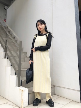 「イエローコーデ」｜「アイテム（スリッポン）」を使った、mayukoさん（レディース・158cm）の冬コーディネート