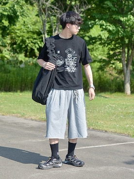 「SINSS（シンス）のTwo tuck sweat shorts / 2タックスウェットショーツ（スウェットパンツ）」を使った、たいがさん（メンズ・172cm）の夏コーディネート