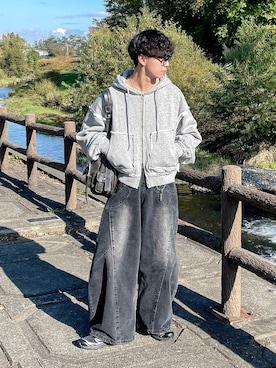 「mushwear（マッシュウェア）のワイドバギー ウォッシュドデニムパンツ（デニムパンツ）」を使った、たいがさん（メンズ・172cm）の秋コーディネート