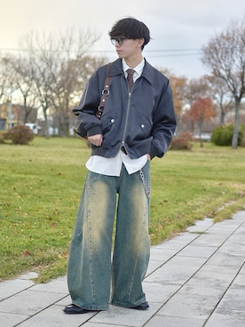 「mushwear（マッシュウェア）のワイドバギー ウォッシュドデニムパンツ（デニムパンツ）」を使った、たいがさん（メンズ・172cm）の秋コーディネート