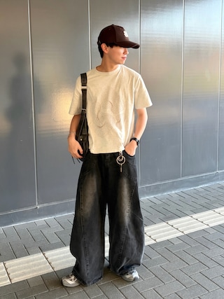 「mushwear(マッシュウェア)のワイドバギー ウォッシュドデニムパンツ(デニムパンツ)」を使った、たいがさん(メンズ・172cm)の夏コーディネート