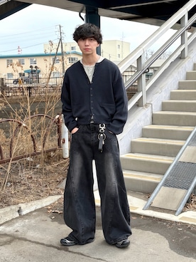 「mushwear（マッシュウェア）のワイドバギー ウォッシュドデニムパンツ（デニムパンツ、ブラック系）」を使った、たいがさん（メンズ・172cm）の春コーディネート