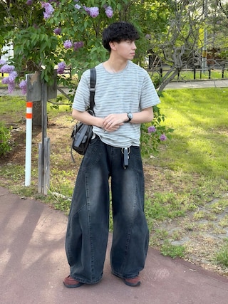 「EPNK(イーピーエヌケー)のAssorted border short sleeve tee / アソートボーダーショートスリーブT(Tシャツ/カットソー)」を使った、たいがさん(メンズ・172cm)の夏コーディネート