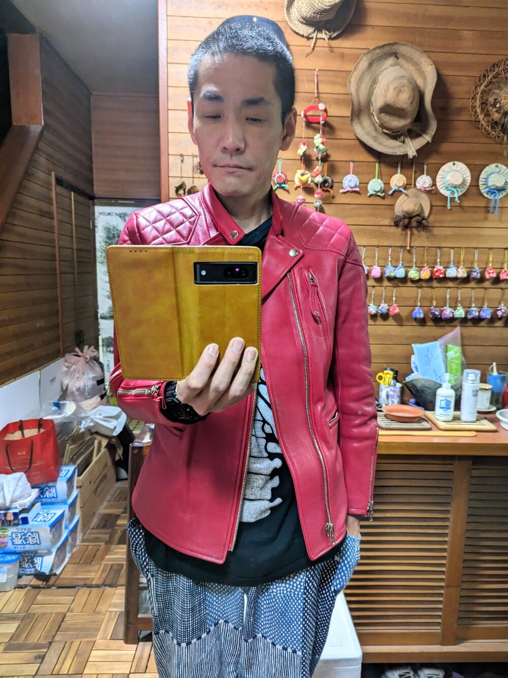 「ootd、今日のコーデ、革ジャン、ライダース、Tシャツ、ロンT、スカル、mnml、イージーパンツ、SOU・SOU、古着、古着コーデ、古着屋、beatnikbeat、坊主」｜「master-pieceのアイテム（ライダースジャケット、レッド系）」を使った、 Beatnik BeaTの中の人さん（メンズ・175cm）の春コーディネートの1枚目の写真
