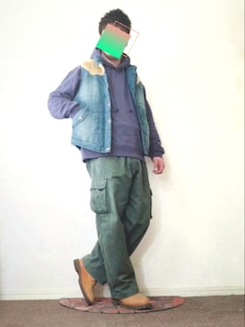 「WYM LIDNM（ウィム バイ リドム）の【WYM LIDNM】HEAVY WEIGHT WIDE PARKA -2021 S/S 2nd COLLECTION-（パーカー、ブルー系）」を使った、たくちゃんさん（メンズ・176cm）の冬コーディネート