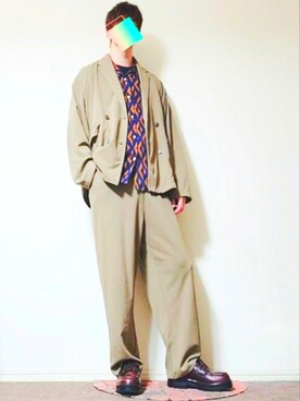 「Loungewear tokyo（ラウンジウェアトウキョウ）の【セットアップ】 ジョーゼットストレッチオーバーサイズダブルテーラード2Bジャケット×ワイドトラウザーズ（テーラードジャケット、ベージュ系）」を使った、たくちゃんさん（メンズ・176cm）の秋コーディネート