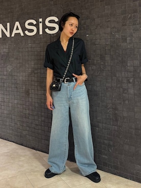 「JEANASIS（ジーナシス）のクロッグローファー/638847（ローファー、ブラック系）」を使った、おねさん（レディース・166cm）の春コーディネート