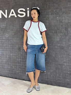 「JEANASIS（ジーナシス）のデニムハーフパンツ/666207（デニムパンツ、ブルー系）」を使った、おねさん（レディース・166cm）の夏コーディネート