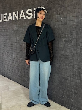 「JEANASIS（ジーナシス）のレースギャザーボートネックLS/589928（Tシャツ/カットソー、ブラック系）」を使った、おねさん（レディース・166cm）の春コーディネート