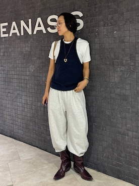 「JEANASIS（ジーナシス）のSuperiorコットンフライスTEE SS/666094（Tシャツ/カットソー、ホワイト系）」を使った、おねさん（レディース・166cm）の夏コーディネート