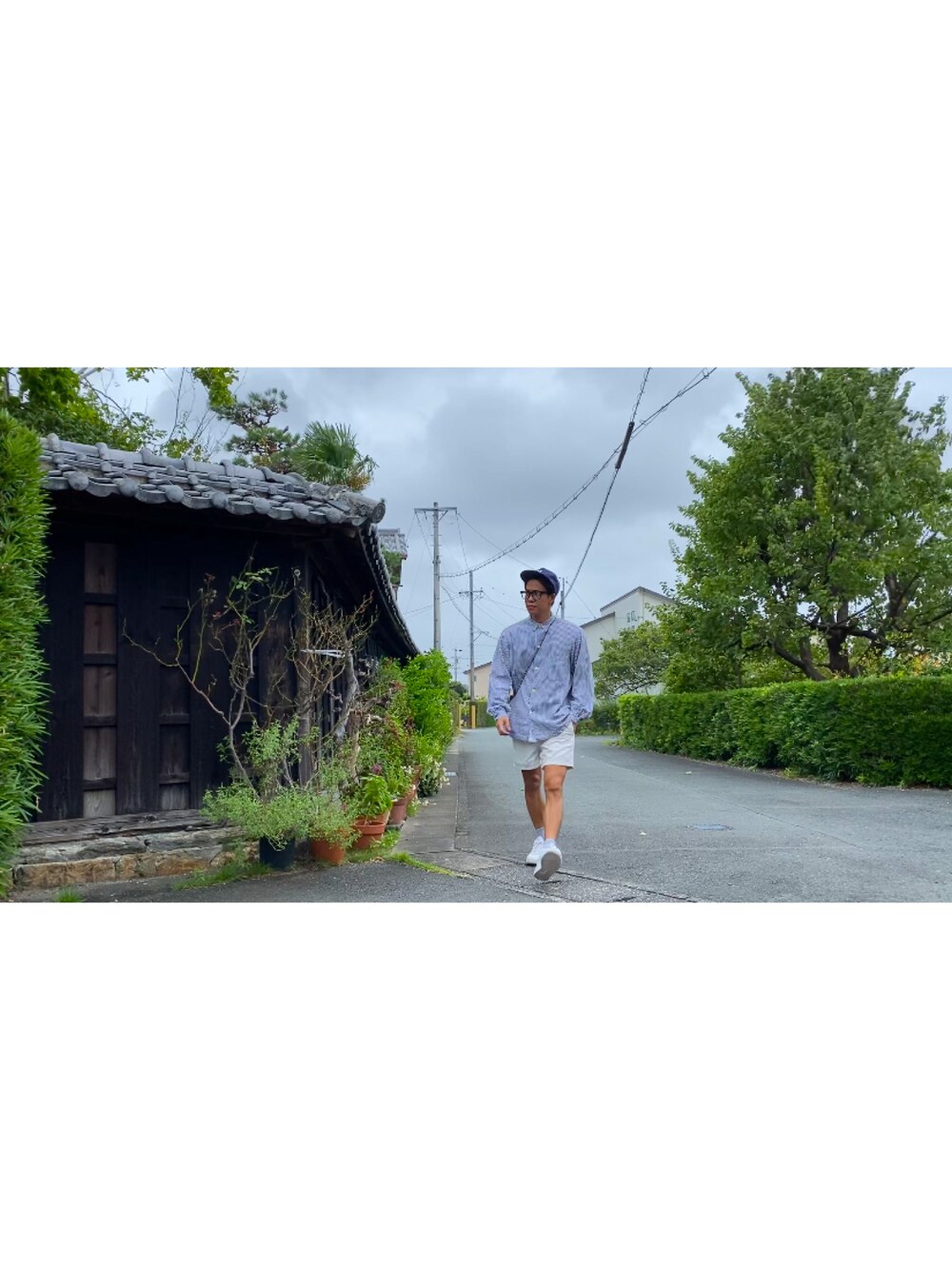 「カジュアルコーデ、ハーフパンツ、メガネ男子、めがね、キャップ、シャツスタイル、エアフォースワン、NIKE、夏コーデ、ソックス、ポロラルフローレン、古着、古着MIX、古着好きな人と繋がりたい」｜「古着のアイテム（シャツ/ブラウス、ブルー系）」を使った、竹野内さん（メンズ・170cm）の夏コーディネートの1枚目の写真