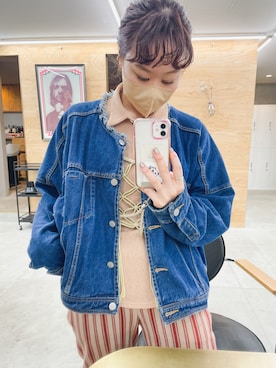 「ストライプパンツ」｜「アイテム（デニムジャケット）」を使った、ayameさん（レディース・156cm）の春コーディネート
