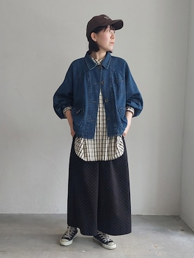 「ドットパンツ」｜「アイテム（デニムジャケット）」を使った、soulberryさん（レディース・166cm）の秋コーディネート