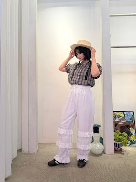 「CHILD WOMAN（チャイルドウーマン）のLIBERTY/リバティ タータンチェック 開襟パフスリーブブラウス（シャツ/ブラウス、グリーン系）」を使った、PAR ICIさん（レディース・158cm）の夏コーディネート