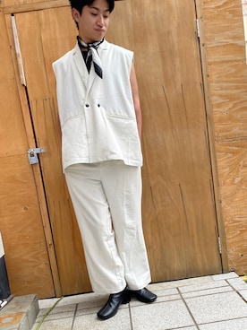 「TAKEO KIKUCHI（タケオキクチ）のアイテム（セットアップ）」を使った、ましゅーさん（メンズ・163cm）の夏コーディネート