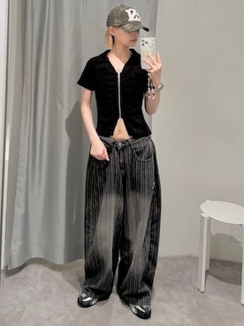 「3.3 Field Trip （3.3フィールドトリップ）の3.3 Field Trip／ストライプデニムパンツ（デニムパンツ、ブラック系）」を使った、ɐʞnɹɐɥさん（レディース・165cm）の夏コーディネート