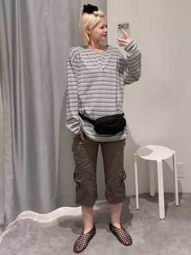「ALAND（エーランド）の【UNISEX】ALAND／Aロゴウエストミニポーチ（ボディバッグ/ウエストポーチ、ブラック系）」を使った、ɐʞnɹɐɥさん（レディース・165cm）の夏コーディネート