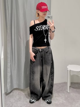 「3.3 Field Trip （3.3フィールドトリップ）の3.3 Field Trip／ストライプデニムパンツ（デニムパンツ、ブラック系）」を使った、ɐʞnɹɐɥさん（レディース・165cm）の夏コーディネート