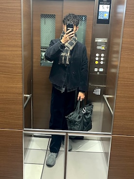 「アイテム（ノーカラージャケット）」を使った、もんぎ たっくとさん（メンズ・177cm）の冬コーディネート