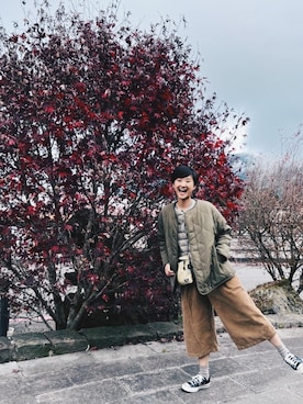 「GU（ジーユー）のアイテム（ノーカラージャケット）」を使った、swaggyrita さん（レディース・164cm）の秋コーディネート