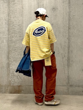 「アイテム（カーゴパンツ、レッド系）」を使った、Yasさん（レディース・156cm）の春コーディネート