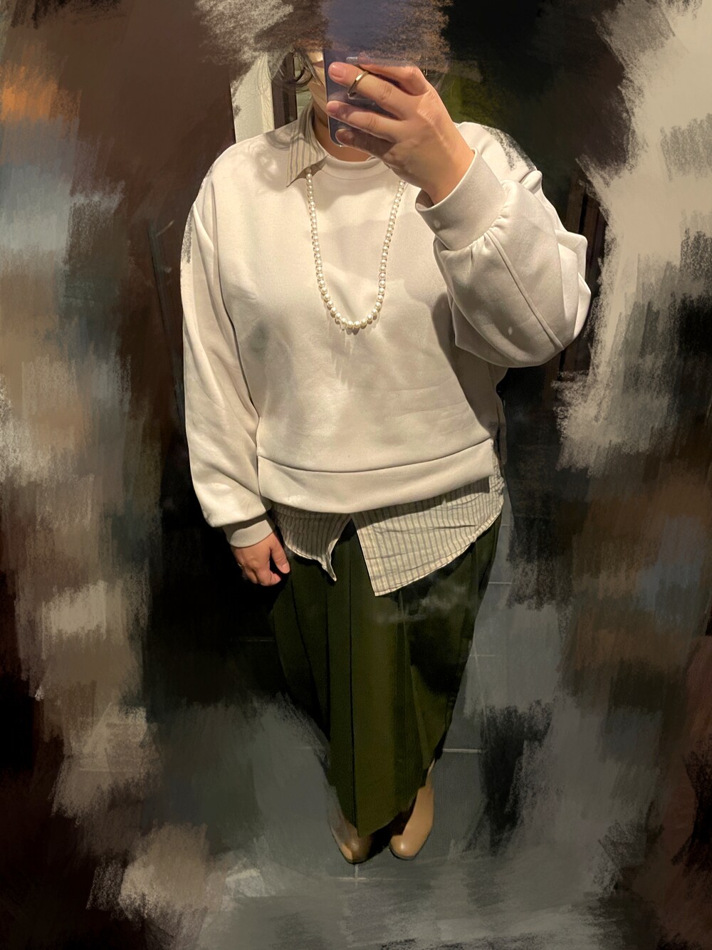 「ぽっちゃりコーデ」｜「UNIQLOのアイテム（スカート、グリーン系）」を使った、むむむさん（レディース・153cm）の冬コーディネートの1枚目の写真
