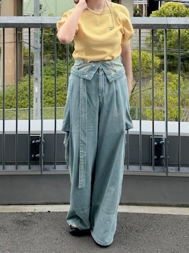 「mideal（マイディール）のcut out design wide denim  / カットアウトデザインワイドデニム（デニムパンツ、ブルー系）」を使った、kasumiさん（レディース・163cm）の夏コーディネート