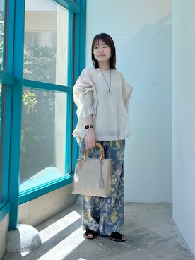 「かぐれ（カグレ）のリネンボイルワイドプルオーバー（シャツ/ブラウス、ピンク系）」を使った、くずみさん（レディース・159cm）の春コーディネート