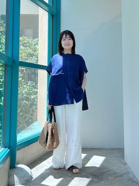 「かぐれ（カグレ）のリネンWポケットフレンチシャツ（シャツ/ブラウス、ブルー系）」を使った、くずみさん（レディース・159cm）の春コーディネート