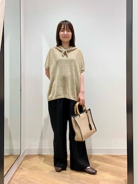 「かぐれ（カグレ）のリネンコットンスカーフニット（ニット/セーター、イエロー系）」を使った、くずみさん（レディース・159cm）の春コーディネート
