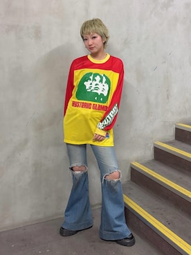 「HYSTERIC GLAMOUR（ヒステリックグラマー）のローライズフレアデニムパンツ（デニムパンツ、ブルー系）」を使った、sakurakoさん（レディース）の春コーディネート