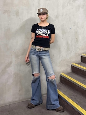 「HYSTERIC GLAMOUR（ヒステリックグラマー）のローライズフレアデニムパンツ（デニムパンツ、ブルー系）」を使った、sakurakoさん（レディース）の春コーディネート
