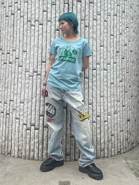 「HYSTERIC GLAMOUR（ヒステリックグラマー）のHYS SPECIAL RECIPE Tシャツ（T Shirts、ブルー系）」を使った、sakurakoさん（レディース）の夏コーディネート