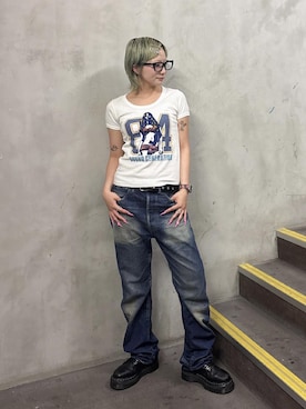 「HYSTERIC GLAMOUR（ヒステリックグラマー）のHRA加工 WW2ストレートデニムパンツ（デニムパンツ、ブルー系）」を使った、sakurakoさん（レディース）の夏コーディネート